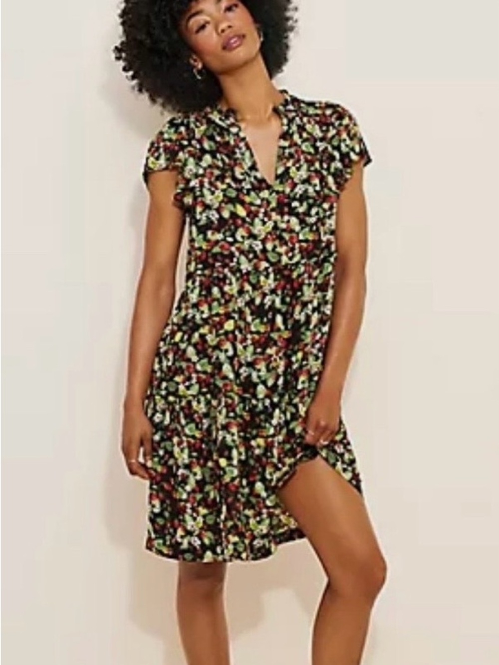 Strawberry Print V-Neck Ruffle Short Sleeve Dress